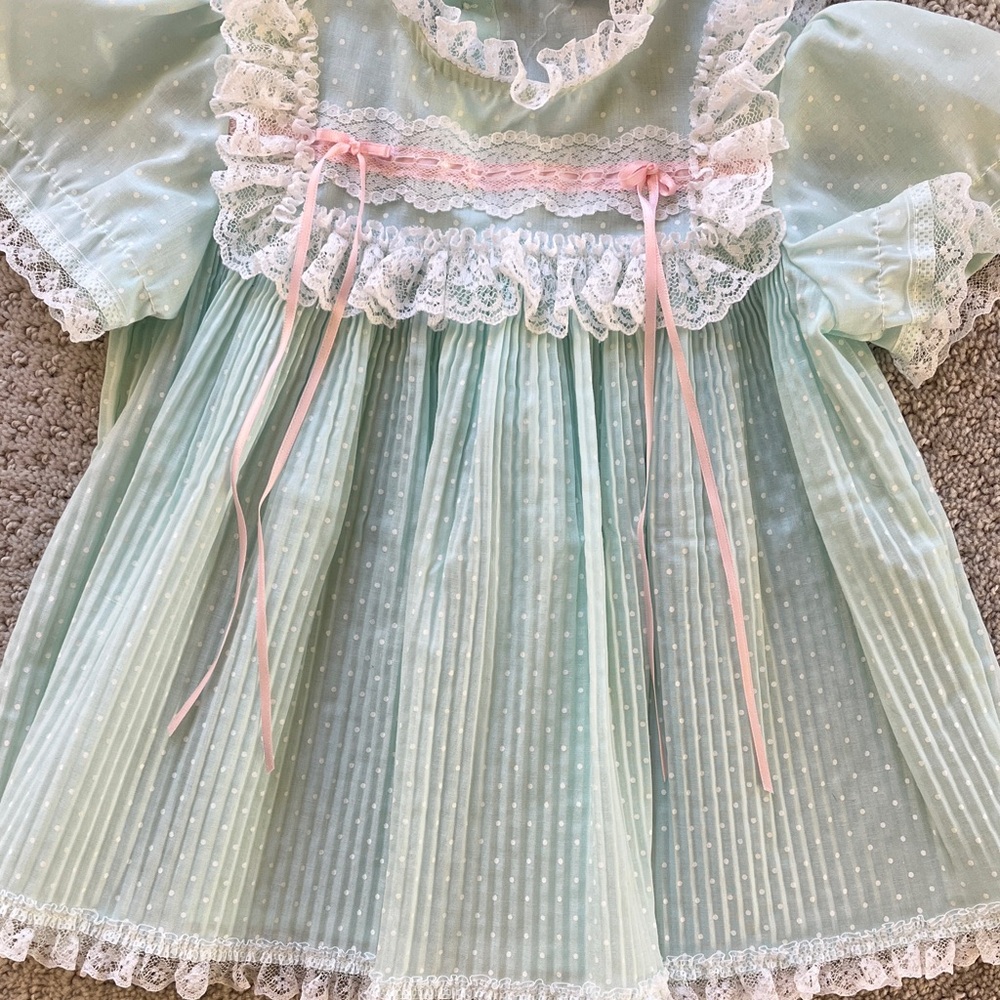 VINTAGE Roanna Mint and Pink Lace Detail baby girl infant dress 6 months